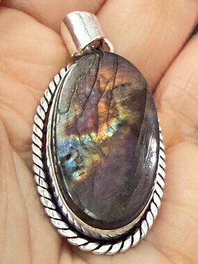 Labradorite Pendant Purple Flash Oval Sterling Bale 925 Statement Stone